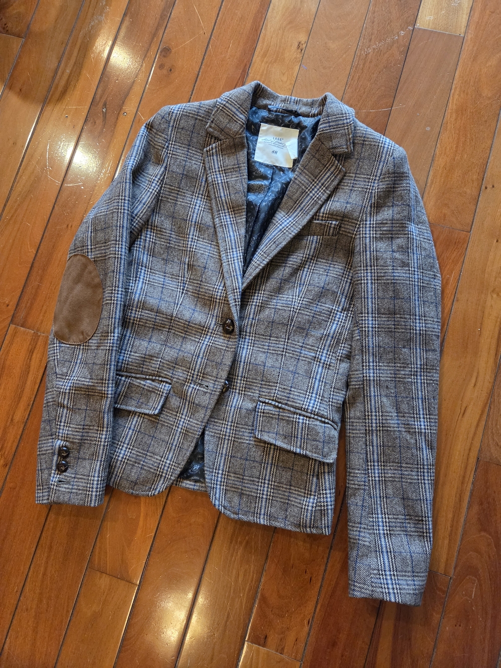 H&M Taupe BLue Plaid Blazer with Brown Elbow Patches